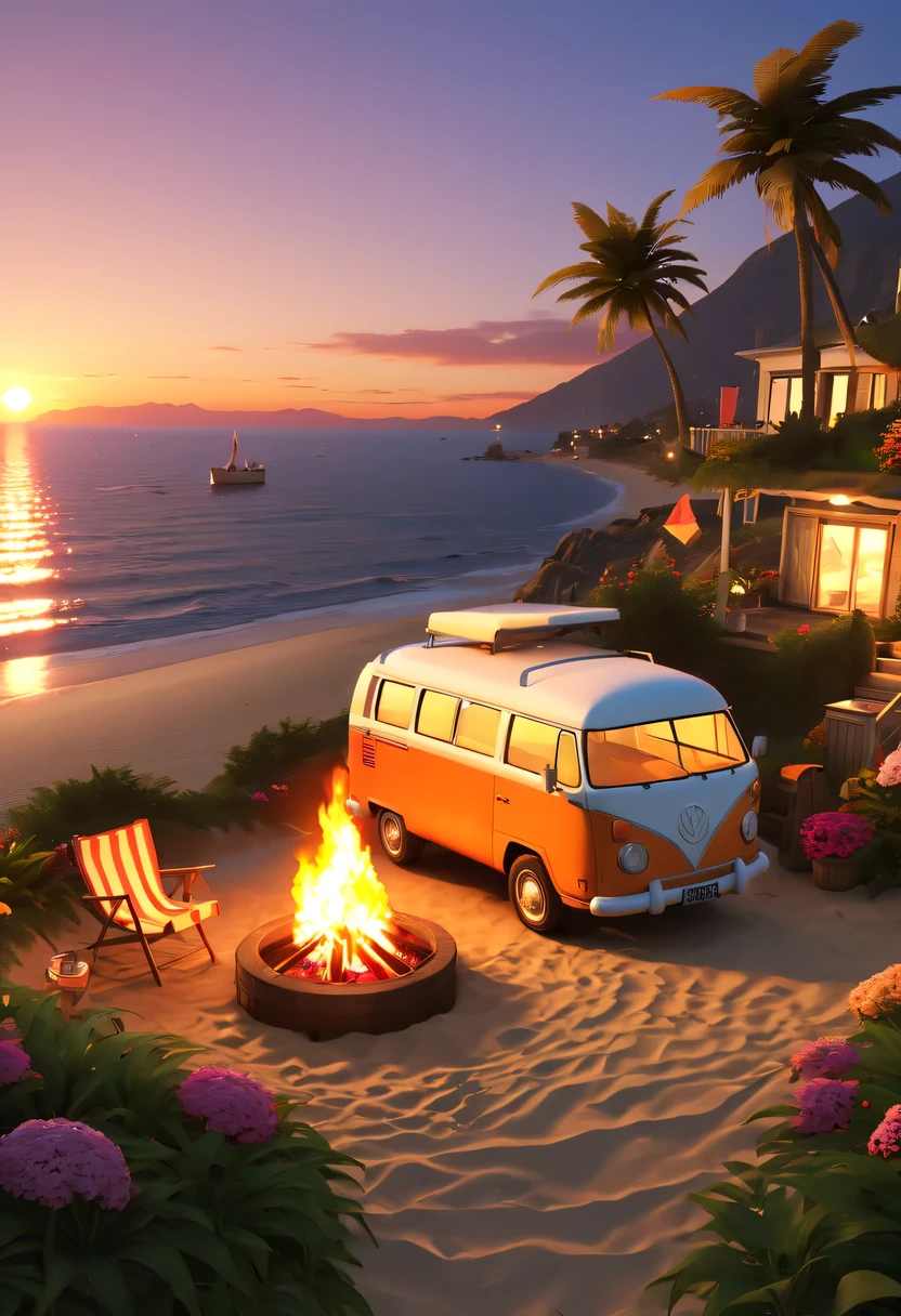 (GTA STYLE:1.5)，beach，Sunset，drunkard， Heqiang，camper van，beach umbrella，bonfire，荧光beach，温柔的Sunset，beautiful garden，stunning sea view，