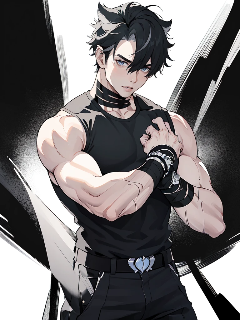 young muscular man with scars on his arms (scars) (handsome man). dressed in a black sleeveless shirt, with black bandages on his arms and hands and black pants (masterpiece), (best quality), (ultra detailed), (illustration) (high saturation), (casual school background). wrestling. looking at viewer. school