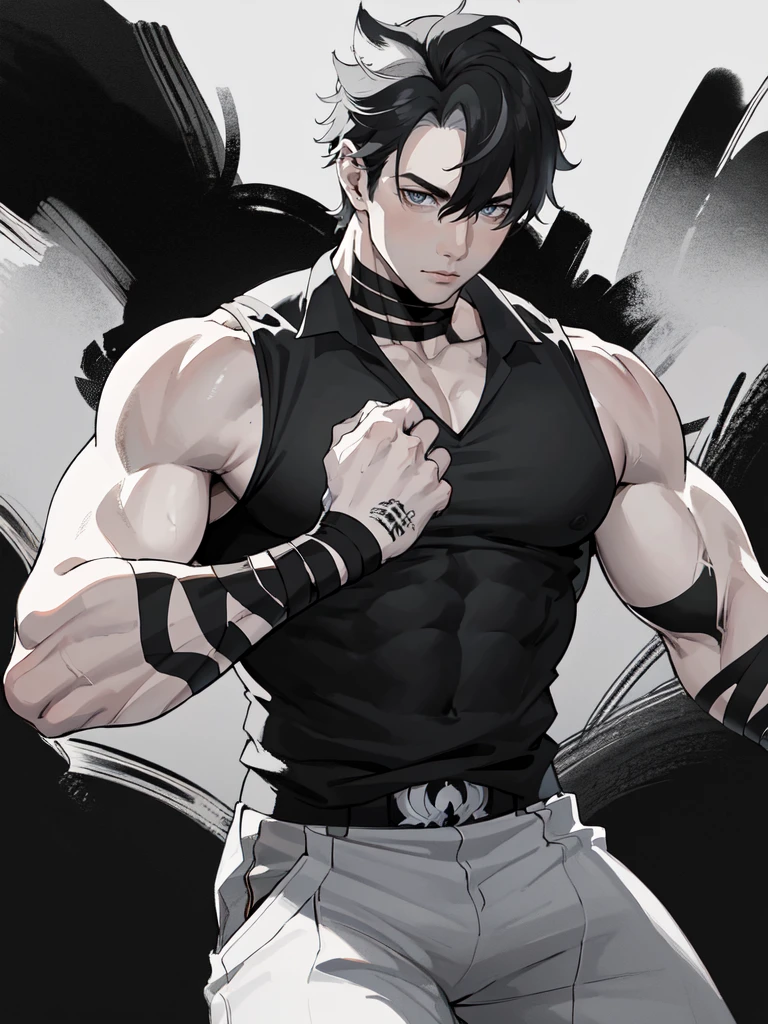 young muscular man with scars on his arms (scars) (handsome man). dressed in a black sleeveless shirt, with black bandages on his arms and hands and black pants (masterpiece), (best quality), (ultra detailed), (illustration) (high saturation), (casual school background). wrestling. looking at viewer. school