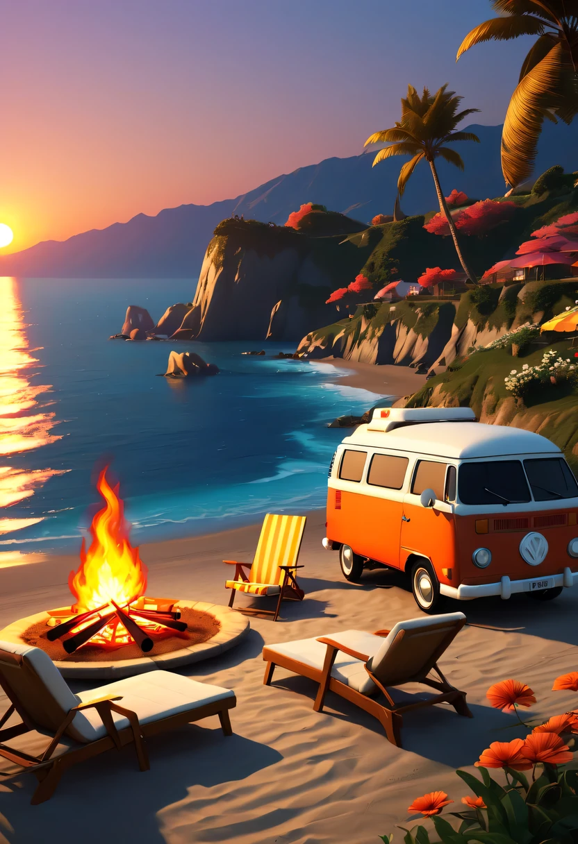 (GTA STYLE:1.5)，beach，Sunset，drunkard， Heqiang，camper van，beach umbrella，bonfire，荧光beach，温柔的Sunset，beautiful garden，stunning sea view，