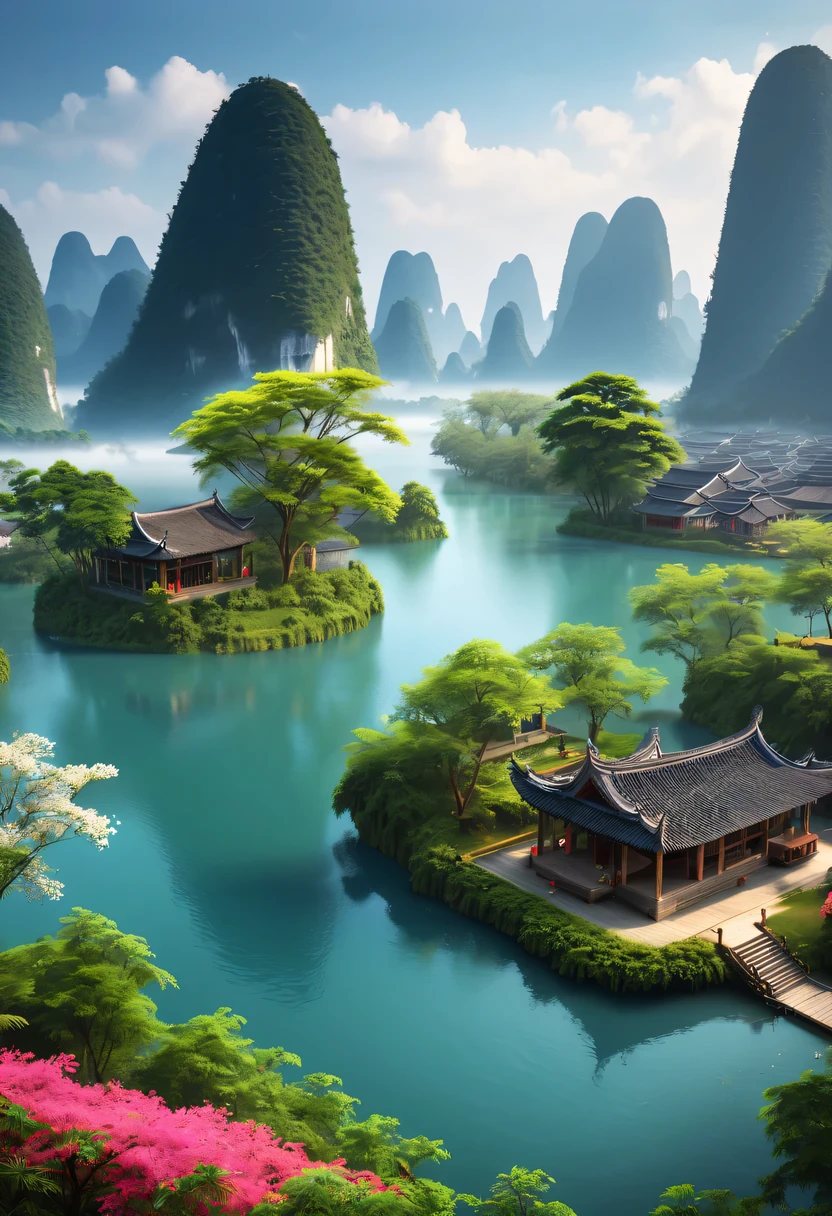 masterpiece,best quality,(Very detailed CG unified 8k wallpaper),(best quality),(Best Illustration),(best shadow),landscape,photography,Super real photos
,Guilin landscape,Guilin, Guangxi,The mountains are high and the waters are deep,karst landscape,Terraces,Farmers cultivate the land,Log and mud huts,rowing,Li River,Glowing Elves,There is a glowing deer,drink water in swimming pool,森林主题中的natural elements。mysterious forest,Beautiful forest,Great outdoor activities,Surrounded by flowers,精致的树叶和branch被firefly包围(natural elements),(jungle theme),(leaf),(branch),(firefly),(particle effect)and other 3D, octane rendering,Ray tracing,super detailed