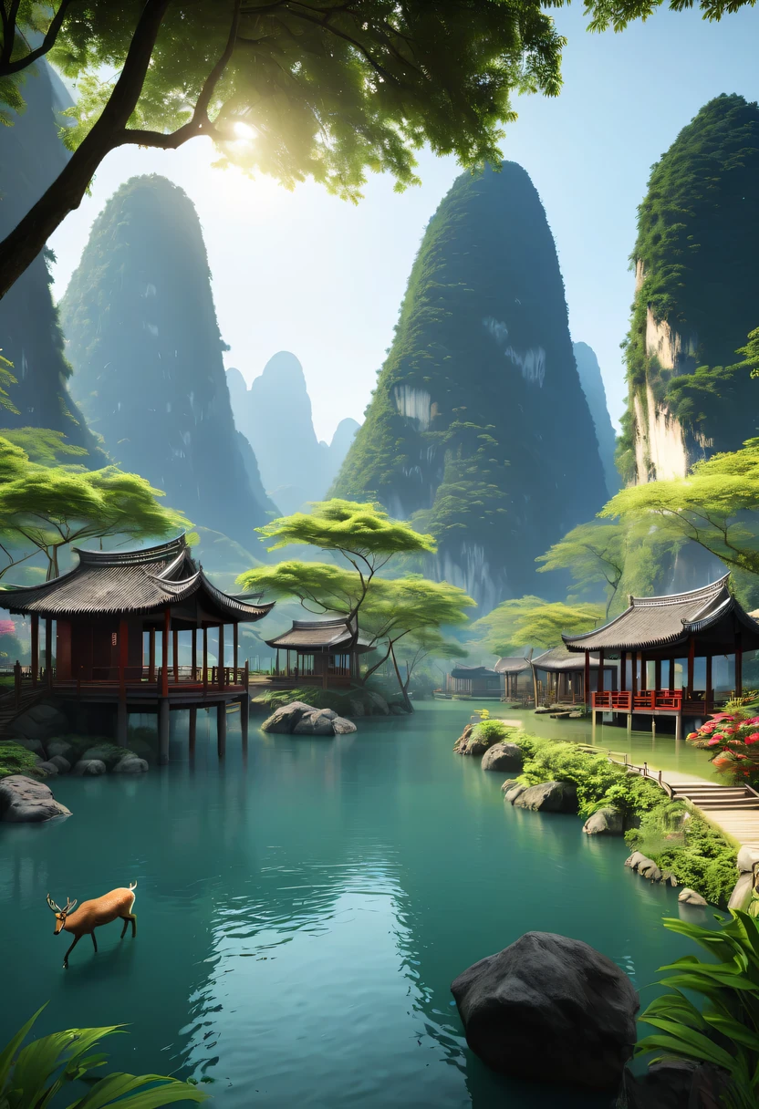 masterpiece,best quality,(Very detailed CG unified 8k wallpaper),(best quality),(Best Illustration),(best shadow),landscape,photography,Super real photos
,Guilin landscape,Guilin, Guangxi,The mountains are high and the waters are deep,karst landscape,Terraces,Farmers cultivate the land,Log and mud huts,rowing,Li River,Glowing Elves,There is a glowing deer,drink water in swimming pool,森林主题中的natural elements。mysterious forest,Beautiful forest,Great outdoor activities,Surrounded by flowers,精致的树叶和branch被firefly包围(natural elements),(jungle theme),(leaf),(branch),(firefly),(particle effect)and other 3D, octane rendering,Ray tracing,super detailed