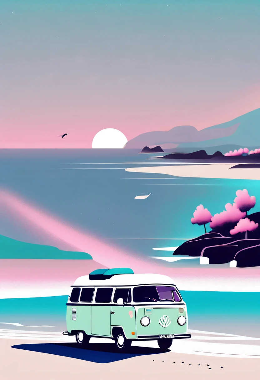 Dream Resort,pastel tones,Light style,Comfortable and calm,nature,warm and cozy,fluorescent beach,Gentle sunset,beautiful garden,stunning sea view,camper van,Beach umbrellas,bonfire,