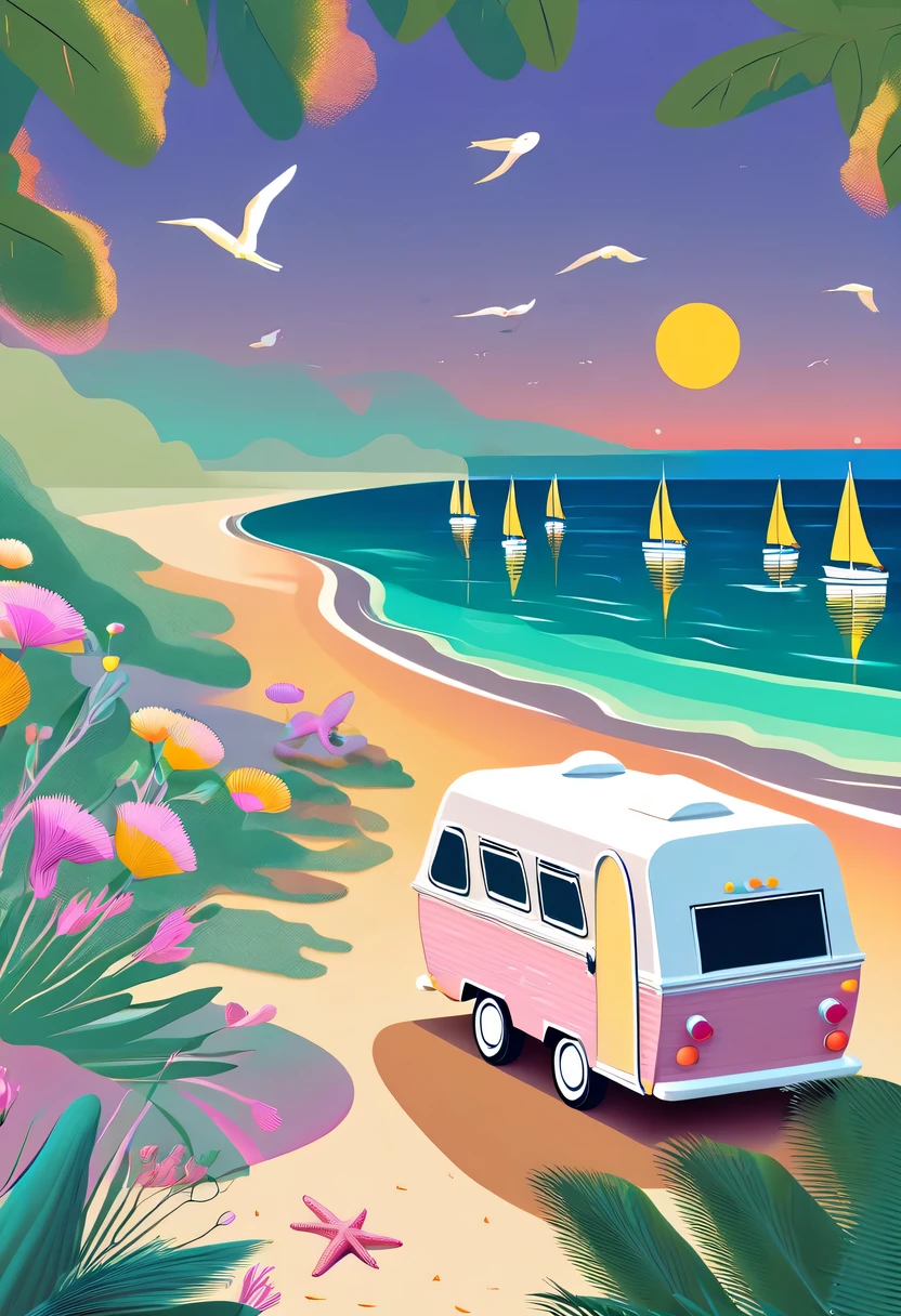Dream Resort，pastel tones，Light style，Comfortable and calm，nature，warm and cozy，fluorescent beach，Gentle sunset，beautiful garden，stunning sea view，camper van，Beach umbrellas，bonfire，
