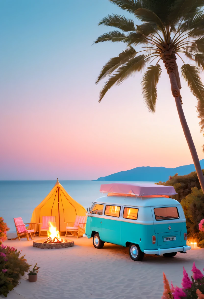 Dream Resort，pastel tones，Light style，Comfortable and calm，nature，warm and cozy，fluorescent beach，Gentle sunset，beautiful garden，stunning sea view，camper van，Beach umbrellas，bonfire，