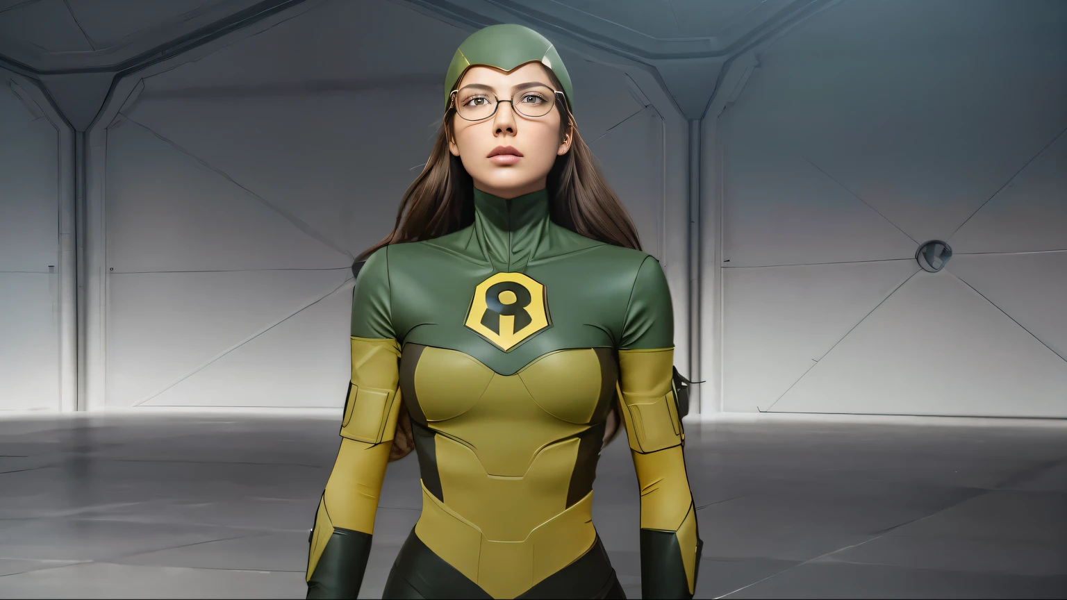 (obra de arte), (extremamente complexo:1.3), (realista), superhero girl, cabelo castanho, terno verde escuro, Copos, olhando pra cima ,from the invincible series, fotografia profissional, sharp focus, dramatic, premiado, cinematic lighting, Octane rendering, motor irreal, dtx volumétrico, (Film grain)