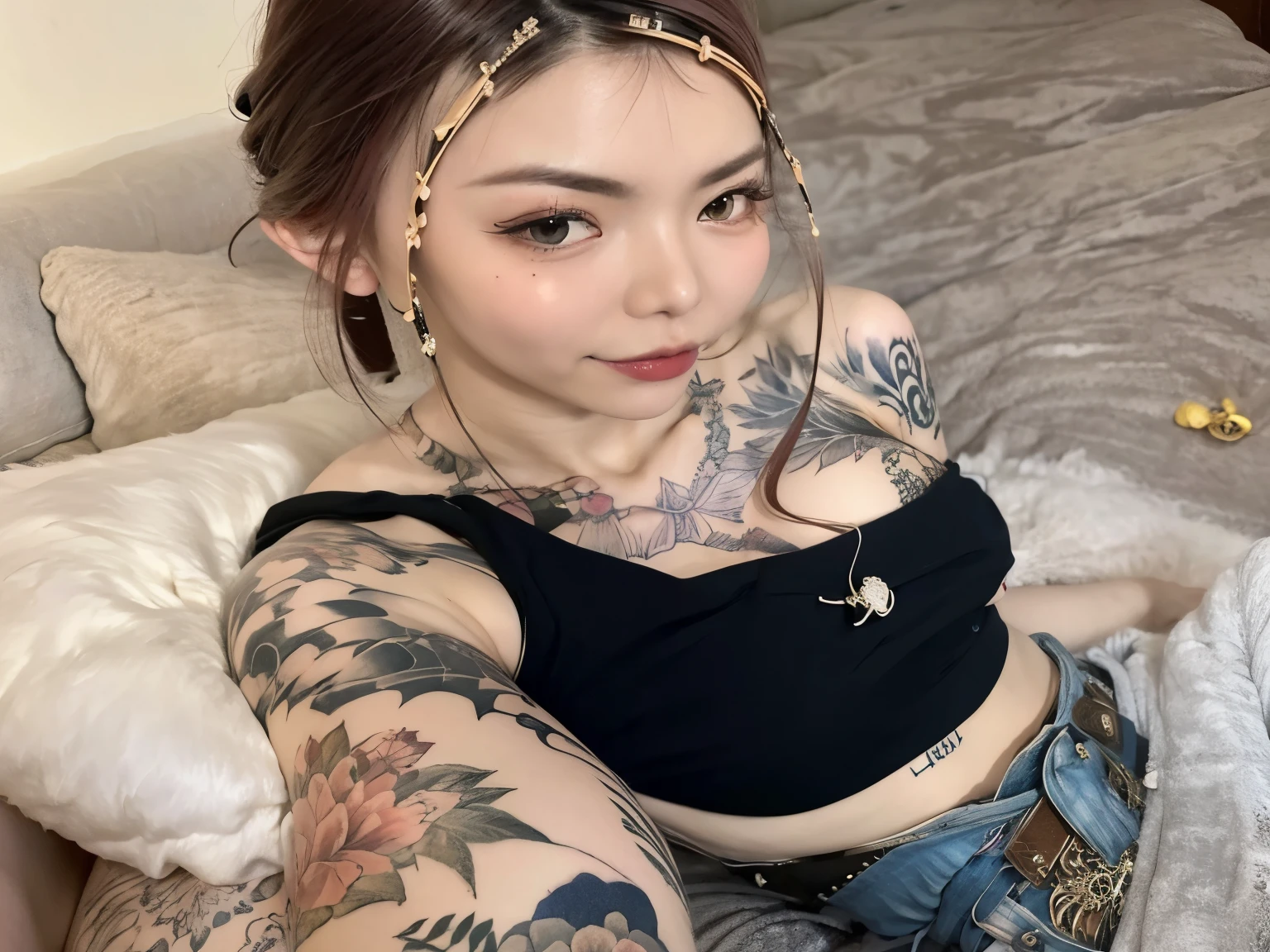 a close up of a woman con tatuajes on her arms, of taiwanese girl con tatuajes, con coletas negras, entintado, imagen de perfil, con tatuajes, Ningning, aespa, con tatuajes
