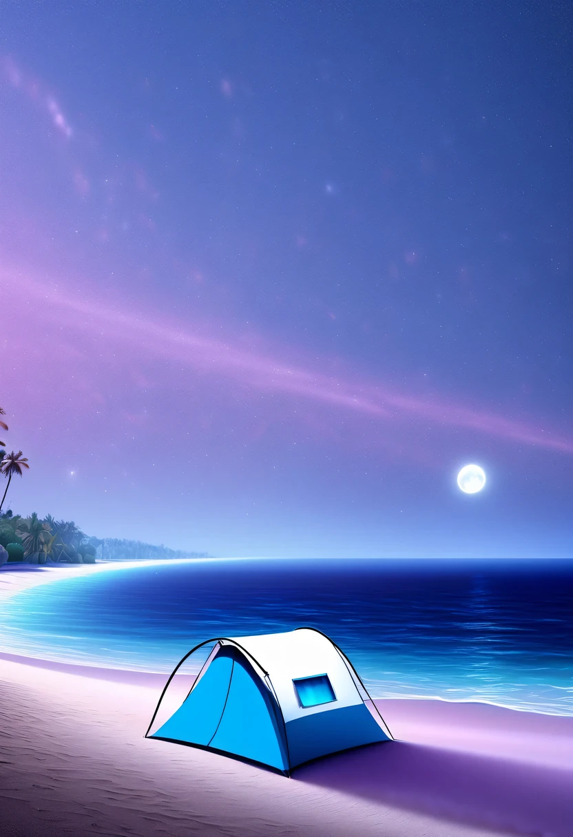 Dream Resort，pastel tones，Light style，Comfortable and calm，nature，warm and cozy，night，There will be blue lights on the beach，surging in the waves、when the sea breeze blows，Fluorescent beaches easily reveal stunning sea views，camper van，Beach umbrellas，bonfire，Very mysterious and beautiful，Lights appear on the beach at night，Fluorescent beaches on Nduru Island, Maldives，