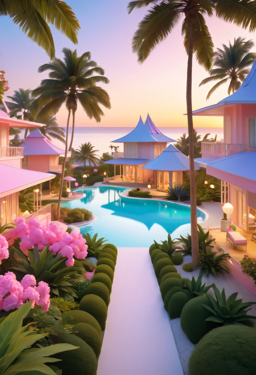 Dream Resort,pastel tones,Light style,Comfortable and calm,nature,warm and cozy,fluorescent beach,Gentle sunset,beautiful garden,