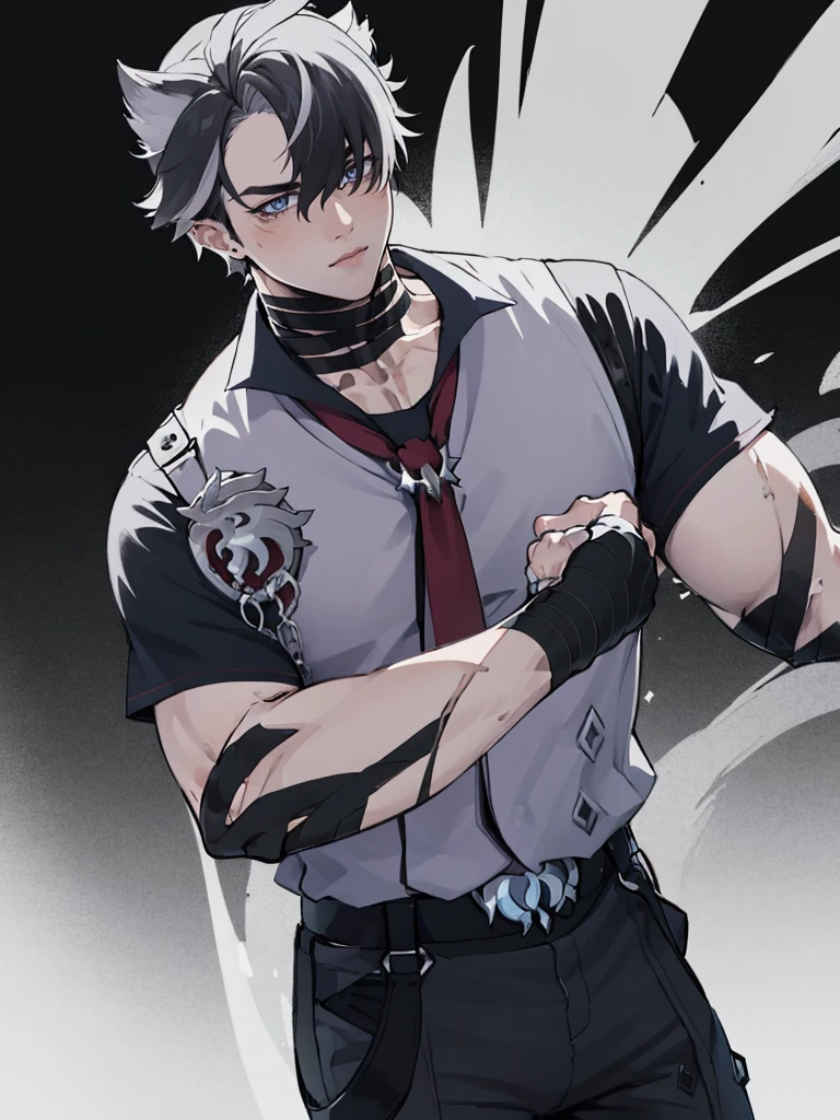 young muscular man with scars on his arms (scars) (handsome man). dressed in a black sleeveless shirt, with black bandages on his arms and hands and black pants (masterpiece), (best quality), (ultra detailed), (illustration) (high saturation), (casual school background). wrestling. looking at viewer. school background
