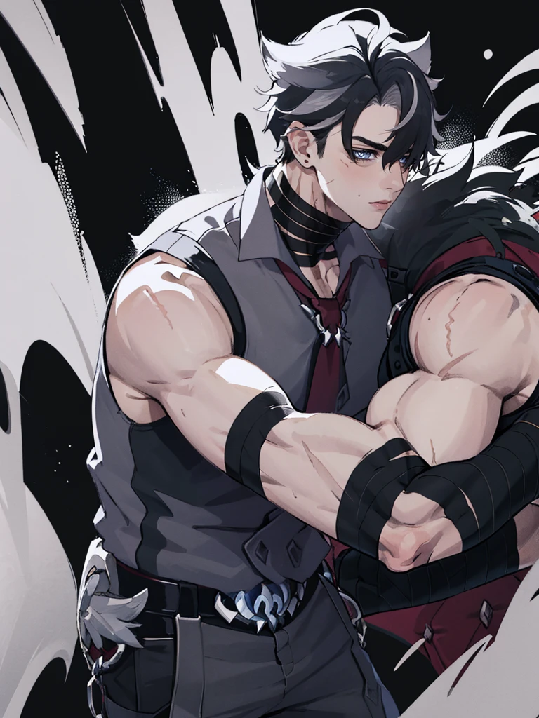 young muscular man with scars on his arms (scars) (handsome man). dressed in a black sleeveless shirt, with black bandages on his arms and hands and black pants (masterpiece), (best quality), (ultra detailed), (illustration) (high saturation), (casual school background). wrestling. looking at viewer. school background
