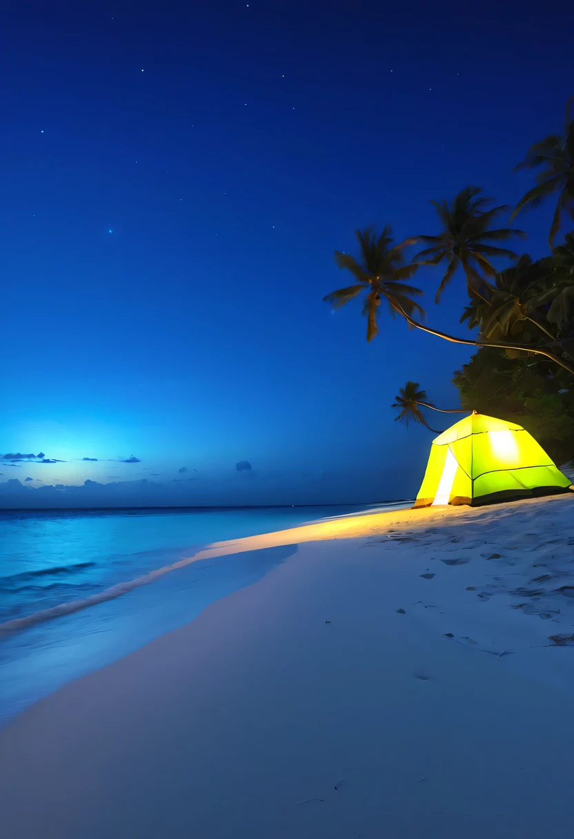 night,There will be blue lights on the beach,surging in the waves、when the sea breeze blows,Fluorescent beaches easily reveal stunning sea views,camper van,Beach umbrellas,bonfire,Very mysterious and beautiful,Lights appear on the beach at night,Fluorescent beaches on Nduru Island, Maldives,