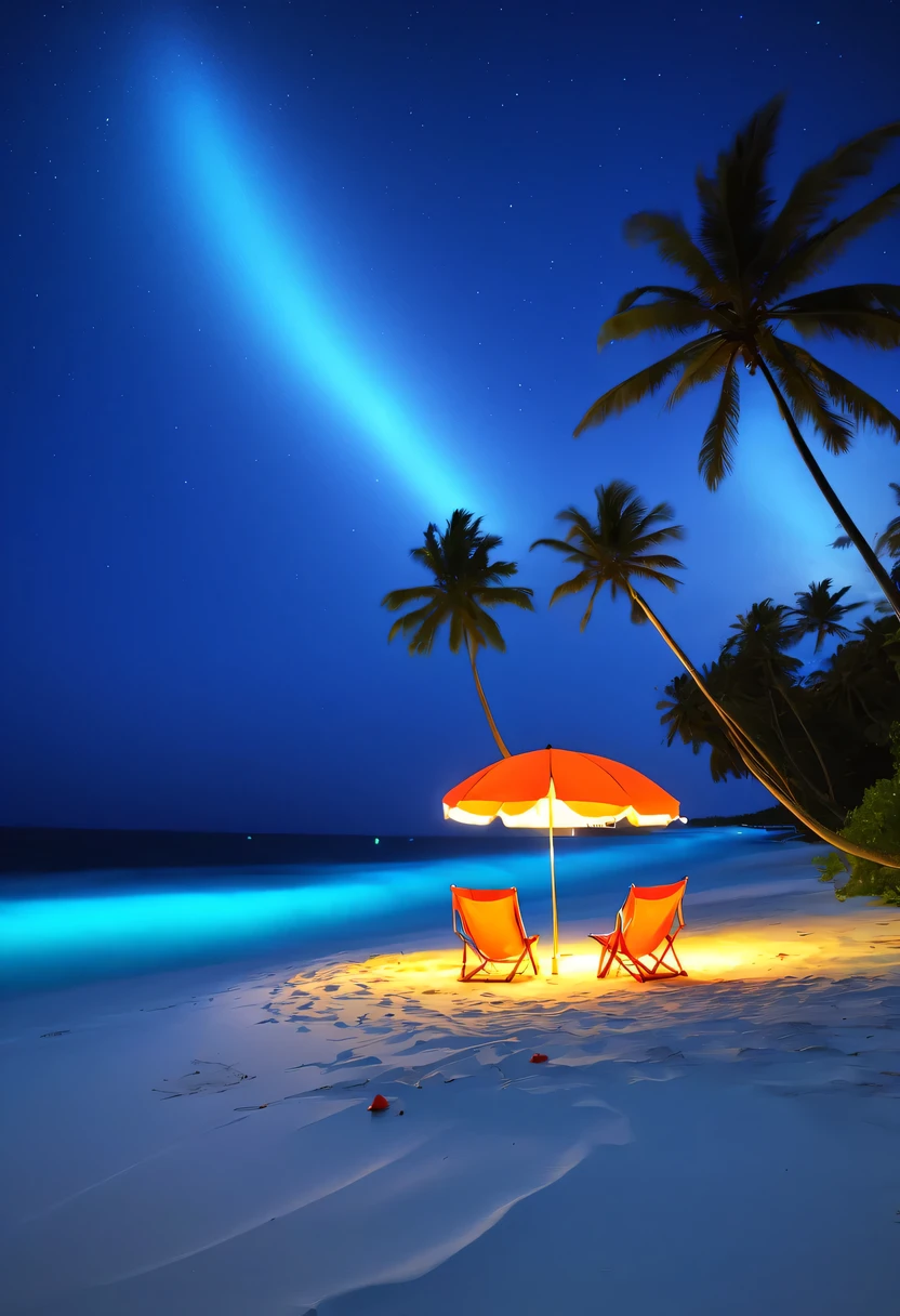 night，There will be blue lights on the beach，surging in the waves、when the sea breeze blows，Fluorescent beaches easily reveal stunning sea views，camper van，Beach umbrellas，bonfire，Very mysterious and beautiful，Lights appear on the beach at night，Fluorescent beaches on Nduru Island, Maldives，