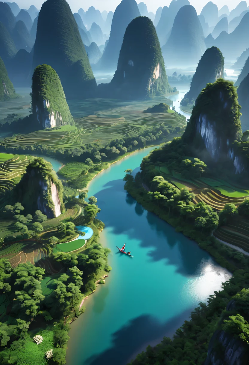 masterpiece,best quality,(Very detailed CG unified 8k wallpaper),(best quality),(Best Illustration),(best shadow),landscape,photography,Super real photos
,Guilin landscape,Guilin, Guangxi,The mountains are high and the waters are deep,karst landscape,Terraces,Farmers cultivate the land,Log and mud huts,rowing,Li River,Glowing Elves,There is a glowing deer,drink water in swimming pool,森林主题中的natural elements。mysterious forest,Beautiful forest,Great outdoor activities,Surrounded by flowers,精致的树叶和branch被firefly包围(natural elements),(jungle theme),(leaf),(branch),(firefly),(particle effect)and other 3D, octane rendering,Ray tracing,super detailed