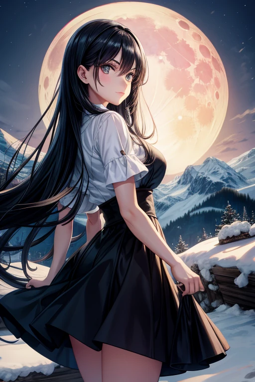 girl with long black hair looking at the giant  moon among the mountains