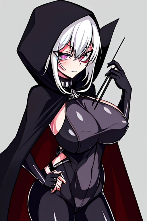 una chica anime con cabello Blanco. Color de Ojos: Intense and enigmatic he is wearing a black Halter neck bodysuit, sin espalda, deja ver una parte de sus pechos y su estomago ( el traje es algo explicito) A black spiked cape is attached to the black hood, . Medias que llegan un poco abajo de las rodillas, tiene un buen cuerpo (tetas grandes y buenos muslos ) his hair sticks out of his hood and he has a black mask with white eyes