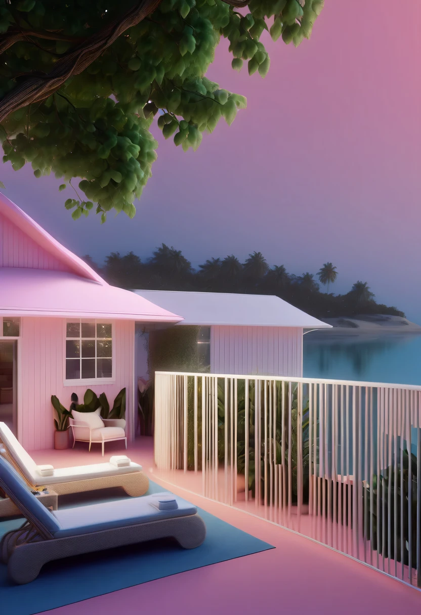 Dream Resort，pastel tones，Light style，Comfortable and calm，nature，warm and cozy，beach，Sunset，garden，