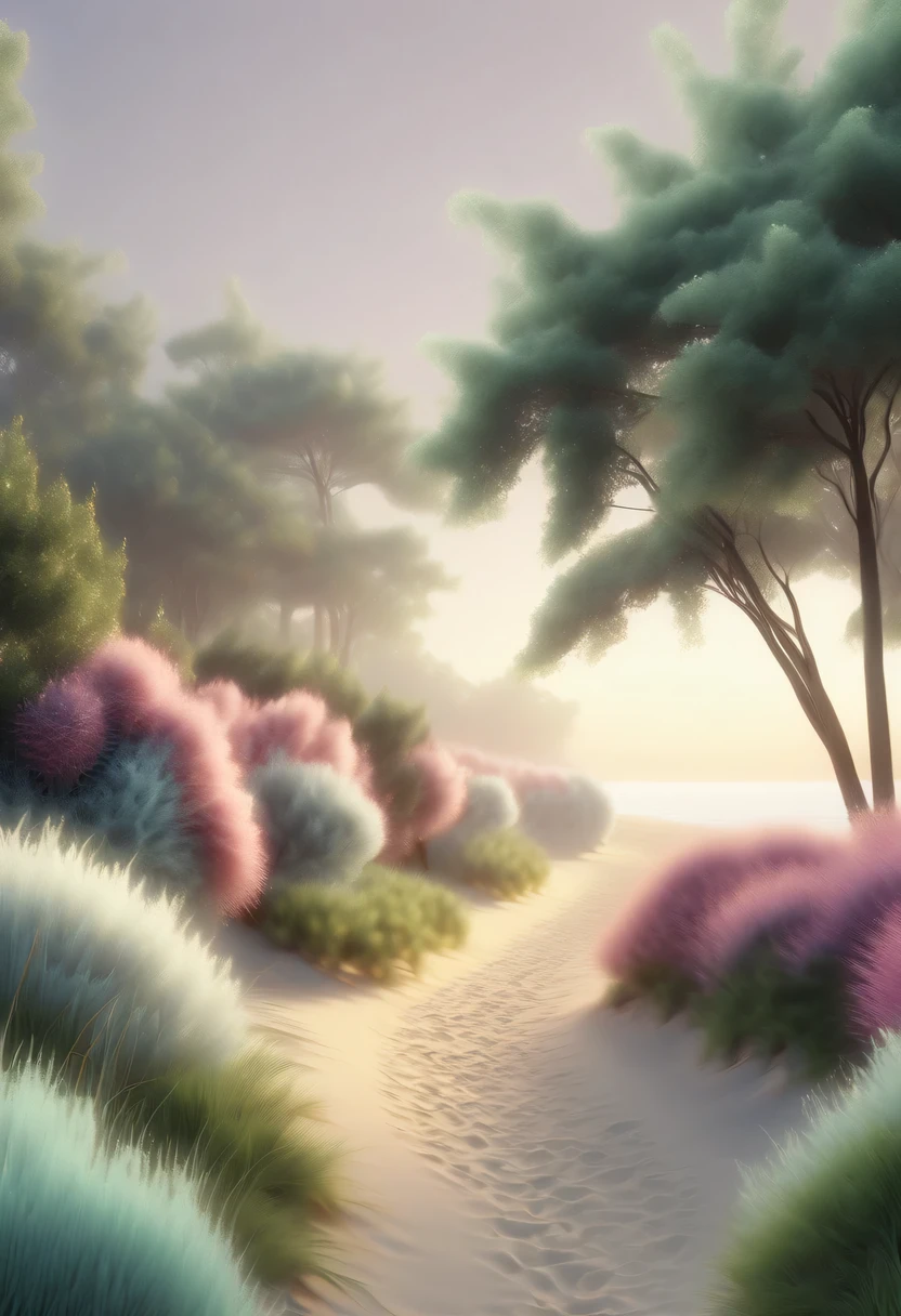 pastel tones，Light style，Comfortable and calm，nature，warm and cozy，beach，Sunset，garden，