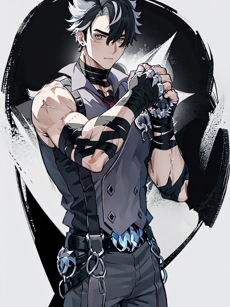 (proportional body) young muscular man with scars on his arms (scars) (handsome man). dressed in a black sleeveless shirt, with black bandages on his arms and hands and black pants (masterpiece), (best quality), (ultra detailed), (illustration) (high saturation), looking at viewer. school background