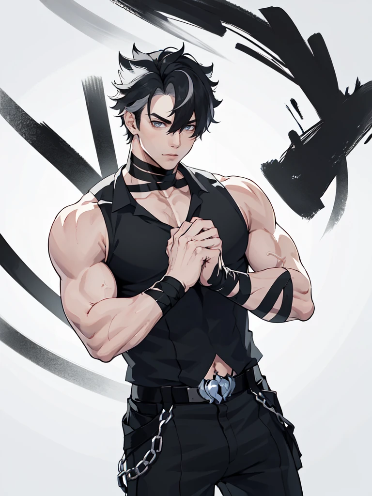 (proportional body) young muscular man with scars on his arms (scars) (handsome man). dressed in a black sleeveless shirt, with black bandages on his arms and hands and black pants (masterpiece), (best quality), (ultra detailed), (illustration) (high saturation), looking at viewer. school background
