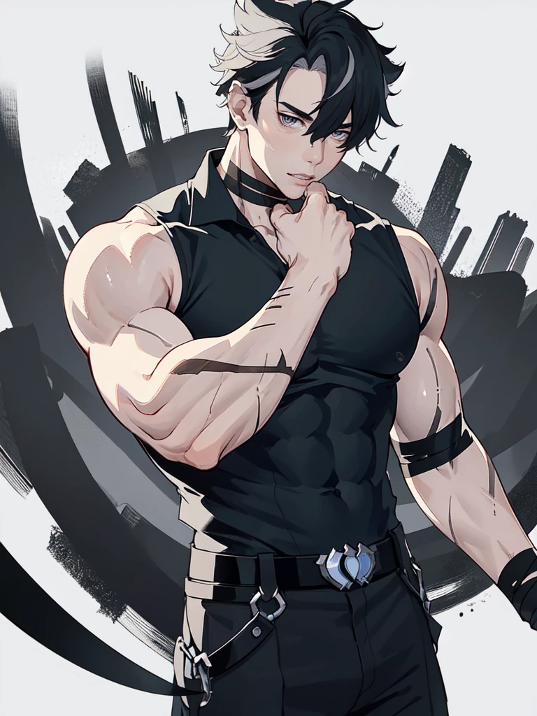 (proportional body) young muscular man with scars on his arms (scars) (handsome man). dressed in a black sleeveless shirt, with black bandages on his arms and hands and black pants (masterpiece), (best quality), (ultra detailed), (illustration) (high saturation), looking at viewer. school background
