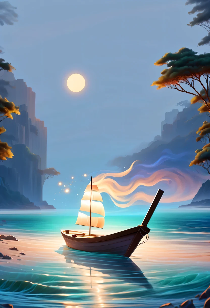 Dream Resort,pastel tones,Light style,Comfortable and calm,nature,warm and cozy,荧光ocean滩,Gentle sunset,beautiful garden,壮丽ocean景,Beach umbrellas,bonfire,painting, ocean, ocean岸, sunrise, sailor, Boat sun reflected on water minimalist sober simple pastel painting with simple background
