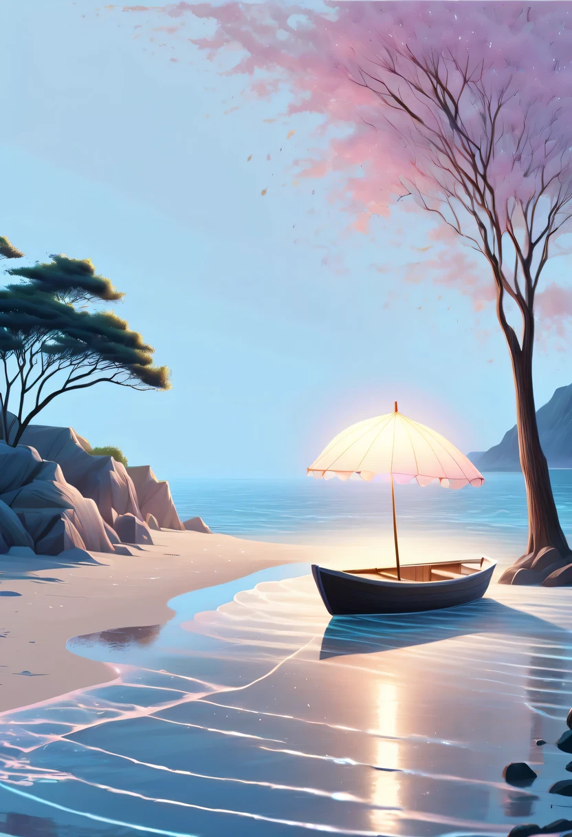 Dream Resort，pastel tones，Light style，Comfortable and calm，nature，warm and cozy，荧光ocean滩，Gentle sunset，beautiful garden，壮丽ocean景，Beach umbrellas，bonfire，painting, ocean, ocean岸, sunrise, sailor, Boat sun reflected on water minimalist sober simple pastel painting with simple background