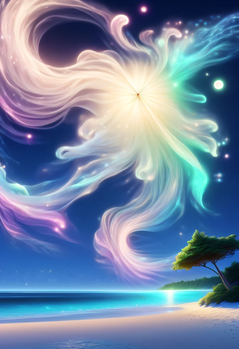 Dream Resort,pastel tones,Light style,Comfortable and calm,nature,warm and cozy,night,There will be blue lights on the beach,surging in the waves、when the sea breeze blows,fluorescent beach,stunning sea view,Beach umbrellas,bonfire,Very mysterious and beautiful,Lights appear on the beach at night,恩杜鲁岛的fluorescent beach, Maldives,