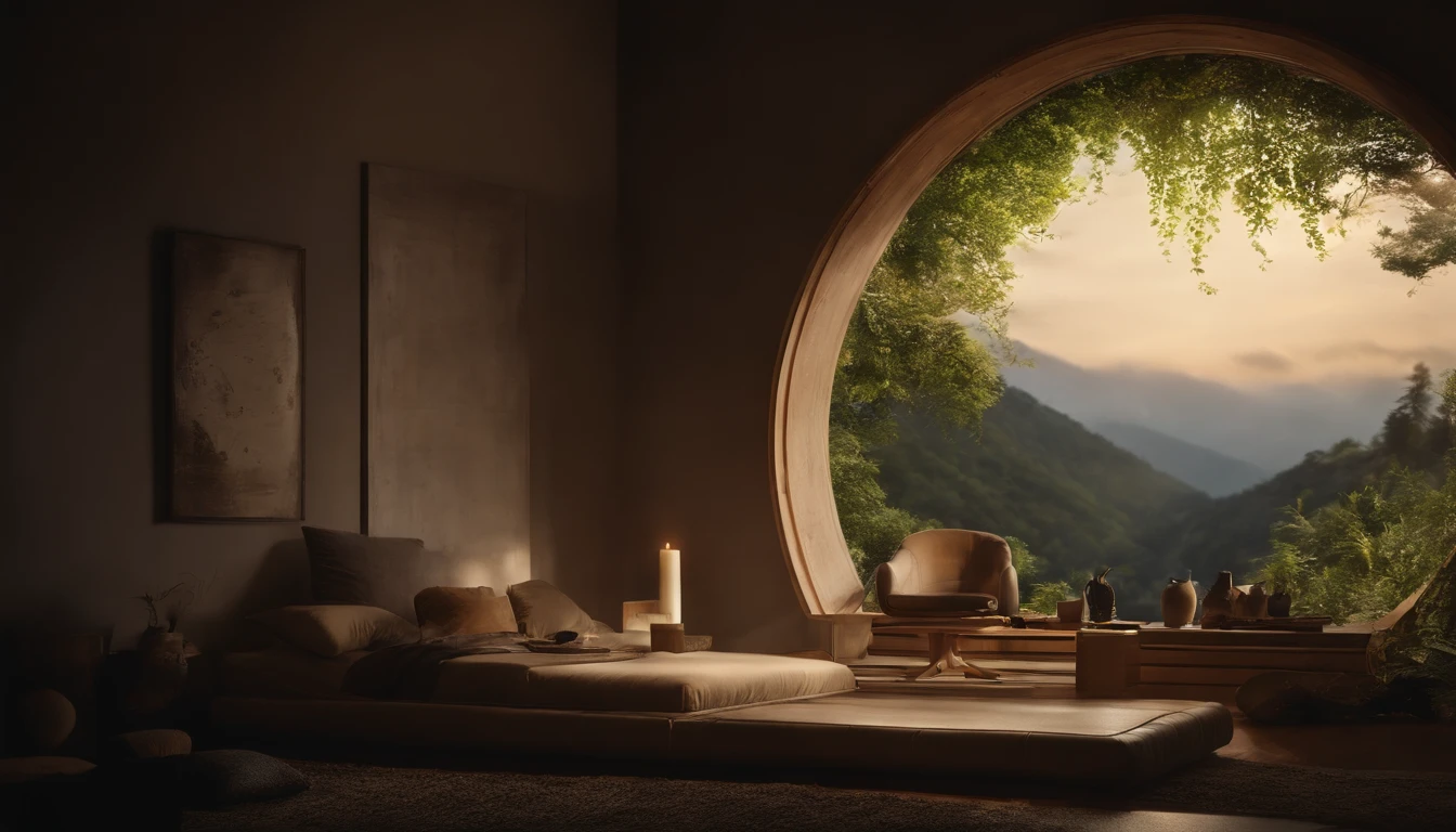 High resolution、photograph、high resolution、8k、round window from inside the room、There are tree roots in the room that help with life.。mysterious、beautiful、There are no people、I can see the view from the window、advanced construction technology、I want to live there、Home、It's warm