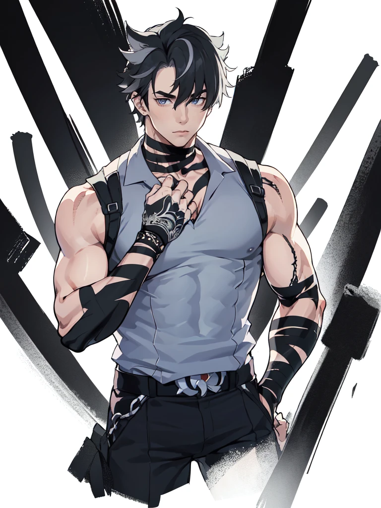 (proportional body) young muscular man with scars on his arms (scars) (handsome man). dressed in a black sleeveless shirt, with black bandages on his arms and hands and black pants (masterpiece), (best quality), (ultra detailed), (illustration) (high saturation), looking at viewer. school background