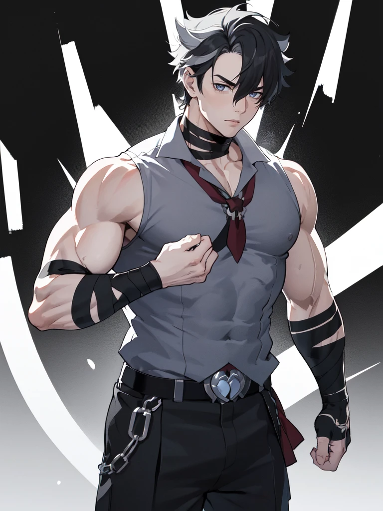 (proportional body) young muscular man with scars on his arms (scars) (handsome man). dressed in a black sleeveless shirt, with black bandages on his arms and hands and black pants (masterpiece), (best quality), (ultra detailed), (illustration) (high saturation), looking at viewer. school background
