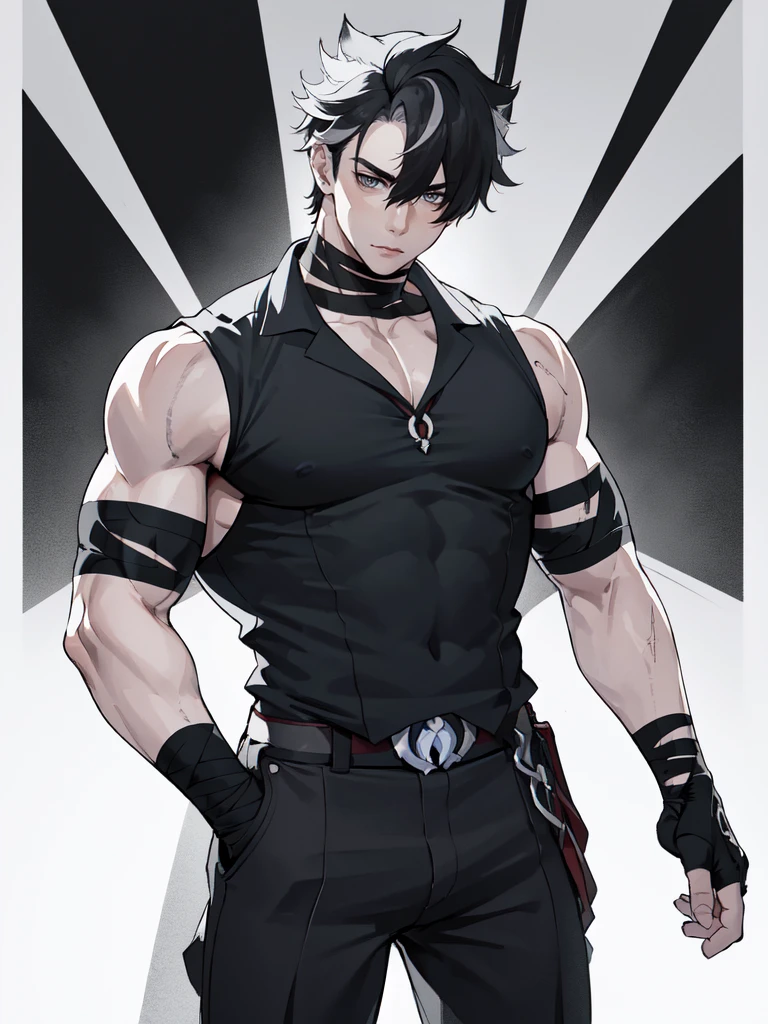 (proportional body) young muscular man with scars on his arms (scars) (handsome man). dressed in a black sleeveless shirt, with black bandages on his arms and hands and black pants (masterpiece), (best quality), (ultra detailed), (illustration) (high saturation), looking at viewer. school background
