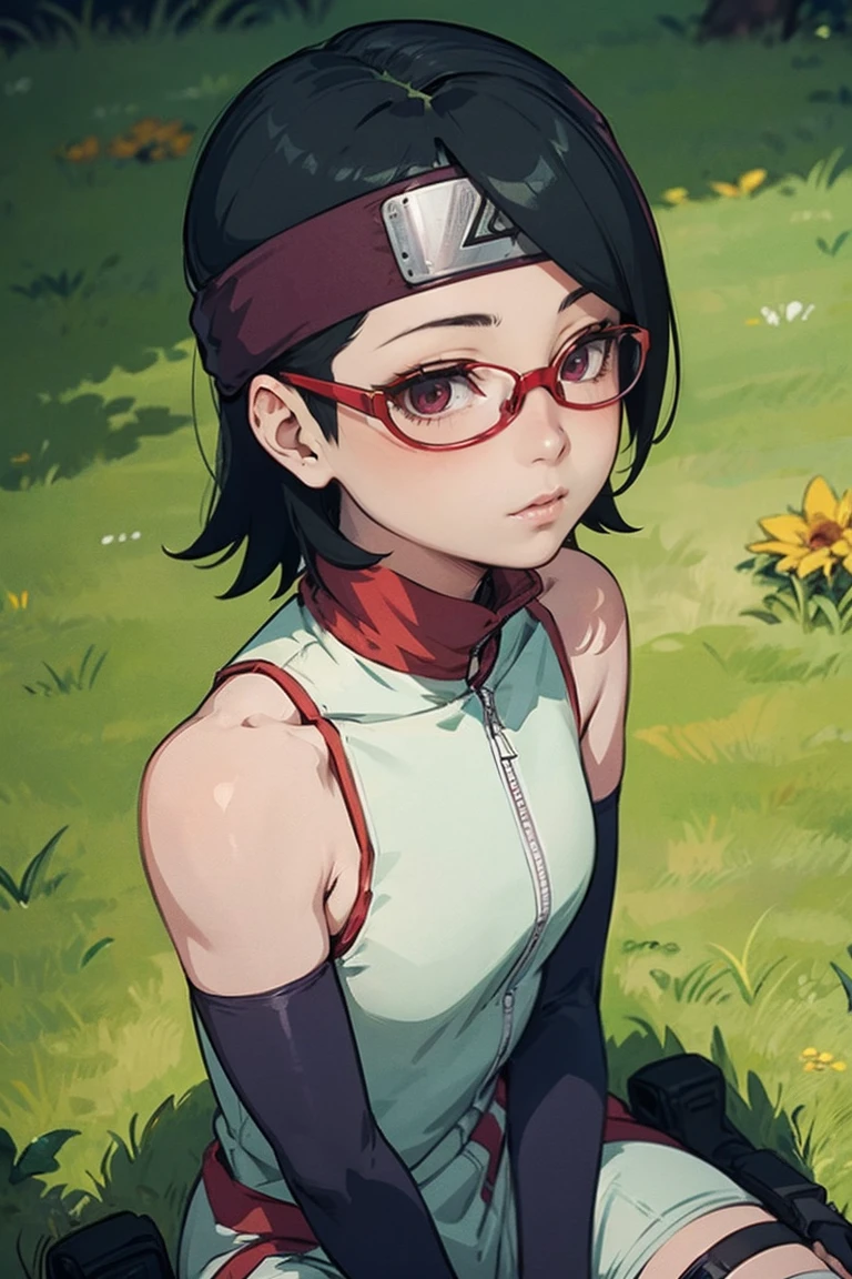 (Sarada Uchiha,short hair,black hair,glasses),full body picture Unreal Engine 5 8K UHD of beautiful girl, green Japanese style long hair, wearing futuristic black tight battle suit, half face mask, futuristic neck collar, grass green light details, best quality, masterpiece