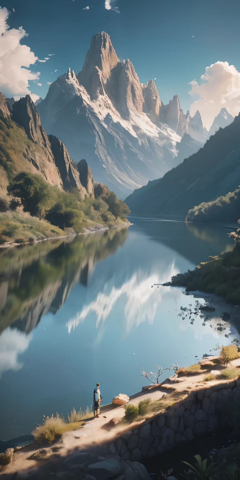obra maestra, Mejor calidad, alta calidad, Fondo de pantalla CG unity 8k extremadamente detallado, paisaje, exterior, cielo, Nube, cielo, no humanos, mountain, paisaje, agua, tree, blue cielo, aguafall, acantilado, naturaleza, lago, river , Nubey skies, award-winning photography, bokeh, profundidad de campo, HDR, bloom, chromatic aberration, fotorrealismo, Muy detallado, tendencia en artstation, tendencias en cgsociety, intrincado, Alto detalle, dramatic, arte a mitad de camino