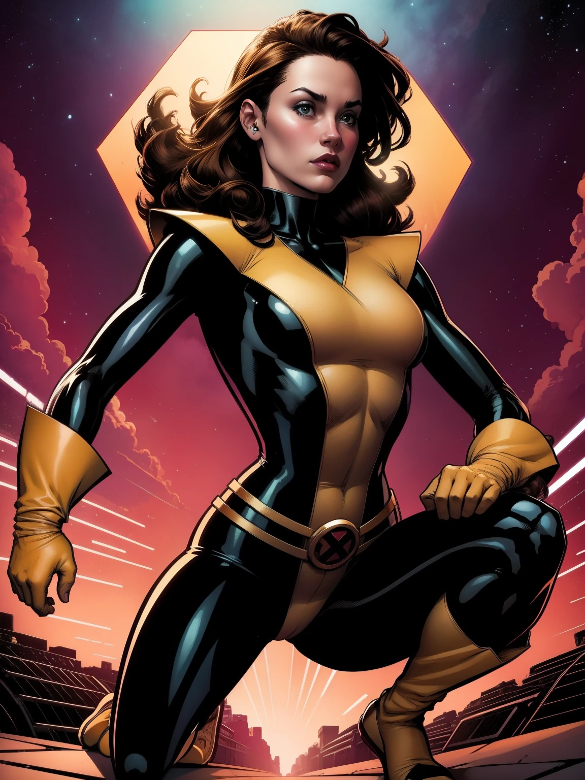 (((A comic style, cartoon art))). Shadowcat, wearing his iconic X-Men uniform.  She is in front of a solid wall, with a concentrated expression.  Her body begins to blur, creating a glowing aura around her.  The once impenetrable wall appears to distort as Kitty passes through, leaving behind an ethereal trail.  The vibrant color combination of the uniform stands out against the background, capturing the dynamic and powerful moment of Kitty Pryde's unique ability. ((Hot Body, camel toes))), which appears to be pulsing with power. ((comic background with neon colors)) , vivid colors, detailed, detailed face, realistic shadows and bright, glowing.