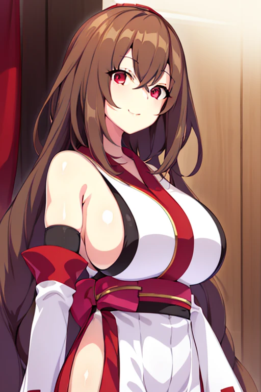 Simple White Background,
horns on her head,red and white outfit,japanese_clothes,bare_shoulders,detached_sleeves,
long_hair,bangs,brown_hair,red_eyes,
1 girl, 20yo,Young female,Beautiful Finger,Beautiful long legs,Beautiful body,Beautiful Nose,Beautiful character design, perfect eyes, perfect face,expressive eyes,perfect balance,
looking at viewer,closed mouth, (innocent_big_eyes:1.0),Light_Smile,
official art,extremely detailed CG unity 8k wallpaper, perfect lighting,Colorful, Bright_Front_face_Lighting,shiny skin,
(masterpiece:1.0),(best_quality:1.0), ultra high res,4K,ultra-detailed,
photography, 8K, HDR, highres, absurdres:1.2, Kodak portra 400, film grain, blurry background, bokeh:1.2, lens flare, (vibrant_color:1.2),professional photograph,
(Beautiful,large_Breasts:1.4), (beautiful_face:1.5),(narrow_waist), thighhighs, full body