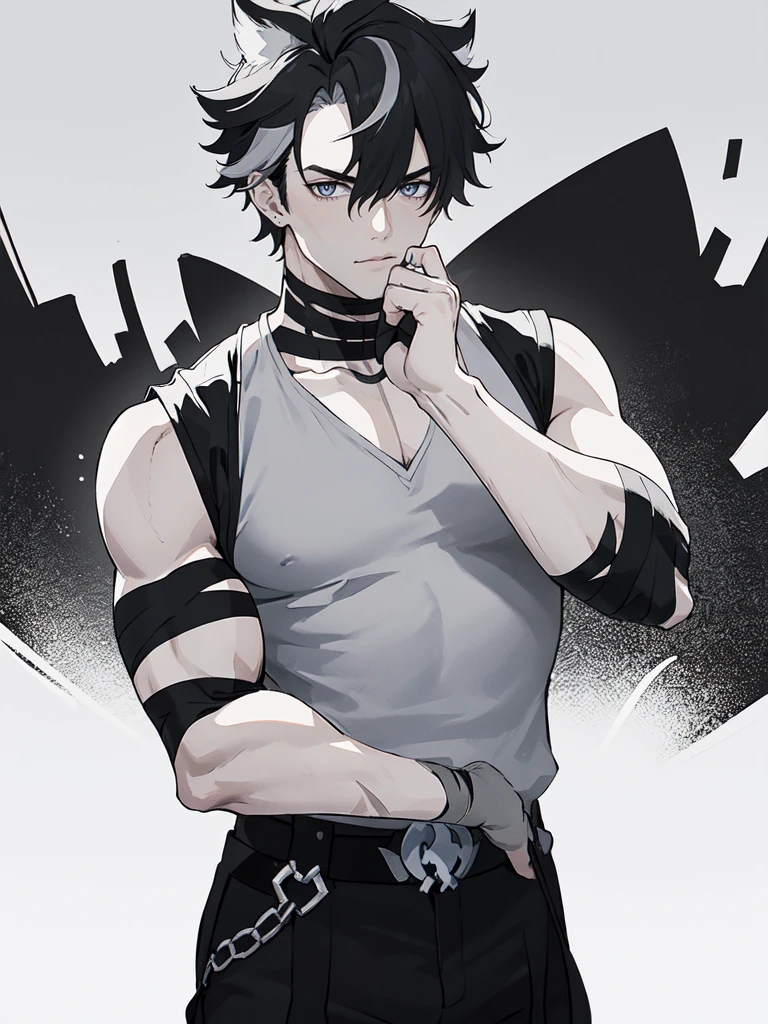 (proportional body) young man with scars on his arms (scars) (handsome man). dressed in a black sleeveless shirt, with black bandages on his arms and hands and black pants (masterpiece), (best quality), (ultra detailed), (illustration) (high saturation), looking at viewer. school background