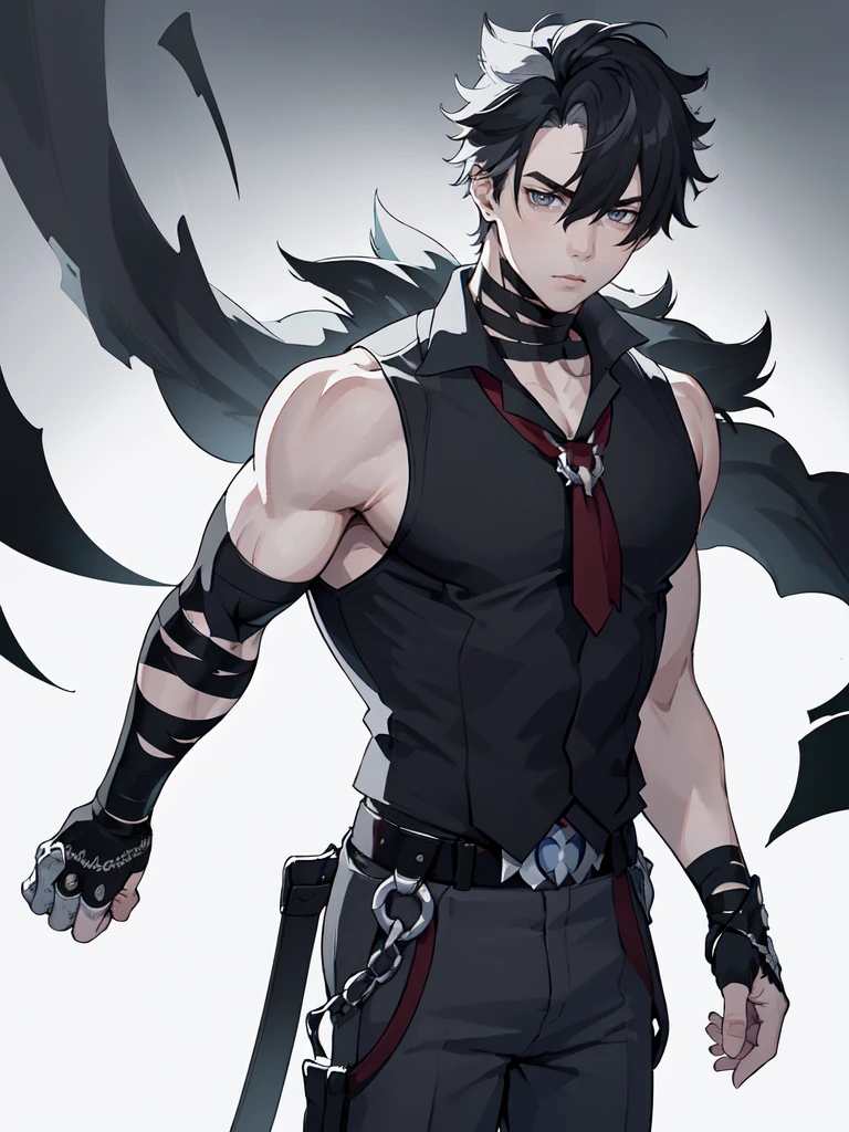 (proportional body) young man with scars on his arms (scars) (handsome man). dressed in a black sleeveless shirt, with black bandages on his arms and hands and black pants (masterpiece), (best quality), (ultra detailed), (illustration) (high saturation), looking at viewer. school background