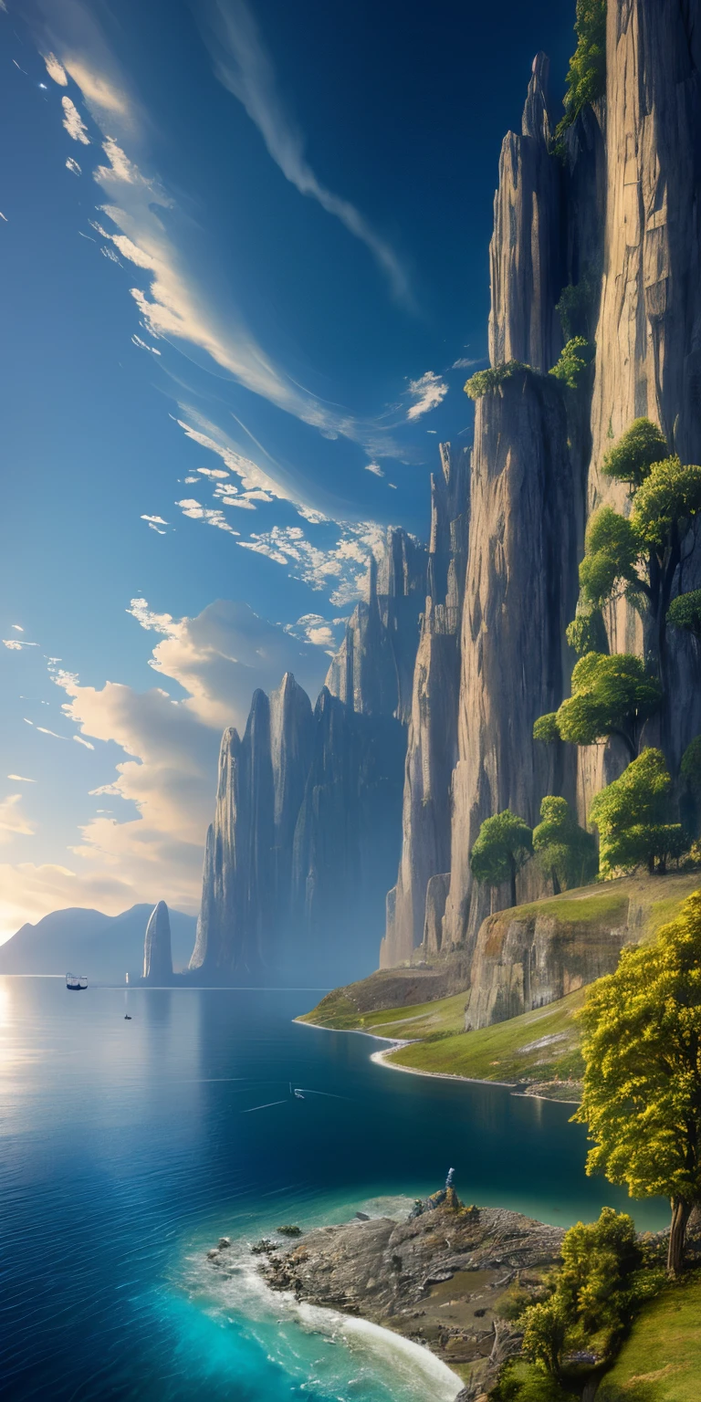 masterpiece, Best quality, high quality, Extremely detailed CG unity 8k wallpaper, landscape, outdoor, sky, Cloud, sky, non-human, mountain, scenery, water, tree, blue sky, aguafall, cliff, nature, lake, river, Nubey skies, award winning photography, bokeh, depth of field, HDR, bloom, chromatic aberration, photorealism, Highly detailed, trending on artstation, trending on cgsociety, intricate, High detail, Dramatic, midway art