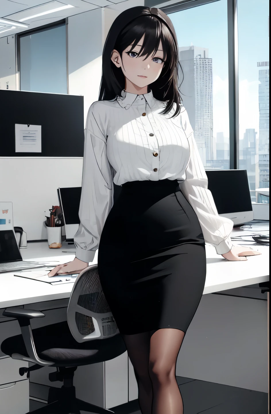 1 Single female office worker, Sit in a swivel chair, /(Casual Shirt Pencil Skirt/) /(brown pantyhose/) /(id card strap/), /(black hair/) bangs, A gentle smile with a blush, (Masterpiece of the highest quality:1.2) Super detailed, Big chest BREAK with arms lowered /(Modern office interior/) Skyscraper with windows