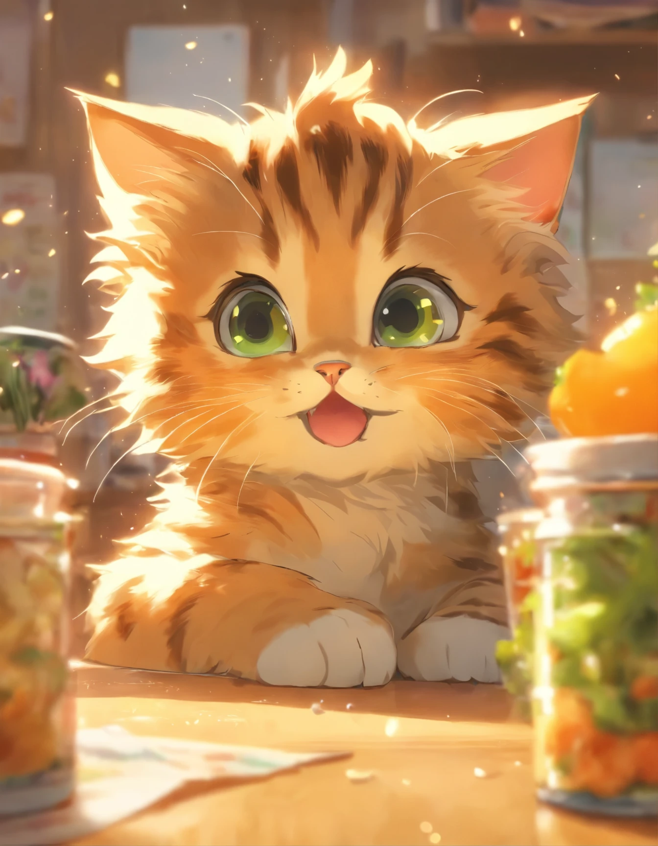 Mike, a curious and playful kitten（tabby）、eat lunch on the desk
