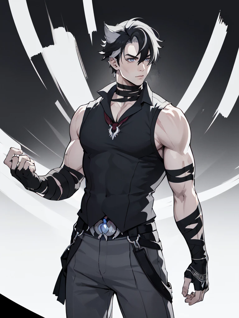 (proportional body) young man with scars on his arms (scars) (handsome man). dressed in a black sleeveless shirt, with black bandages on his arms and hands and black pants (masterpiece), (best quality), (ultra detailed), (illustration) (high saturation), looking at viewer. school background