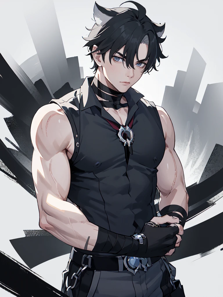 (proportional body) young man with scars on his arms (scars) (handsome man). dressed in a black sleeveless shirt, with black bandages on his arms and hands and black pants (masterpiece), (best quality), (ultra detailed), (illustration) (high saturation), looking at viewer. school background