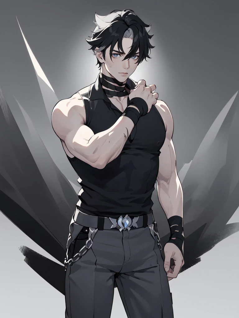 (proportional body) young muscular man with scars on his arms (scars) (handsome man). dressed in a black sleeveless shirt, with black bandages on his arms and hands and black pants (masterpiece), (best quality), (ultra detailed), (illustration) (high saturation), looking at viewer. school background
