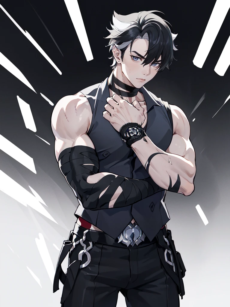 (proportional body) young man with scars on his arms (scars) (handsome man). dressed in a black sleeveless shirt, with black bandages on his arms and hands and black pants (masterpiece), (best quality), (ultra detailed), (illustration) (high saturation), looking at viewer. school background