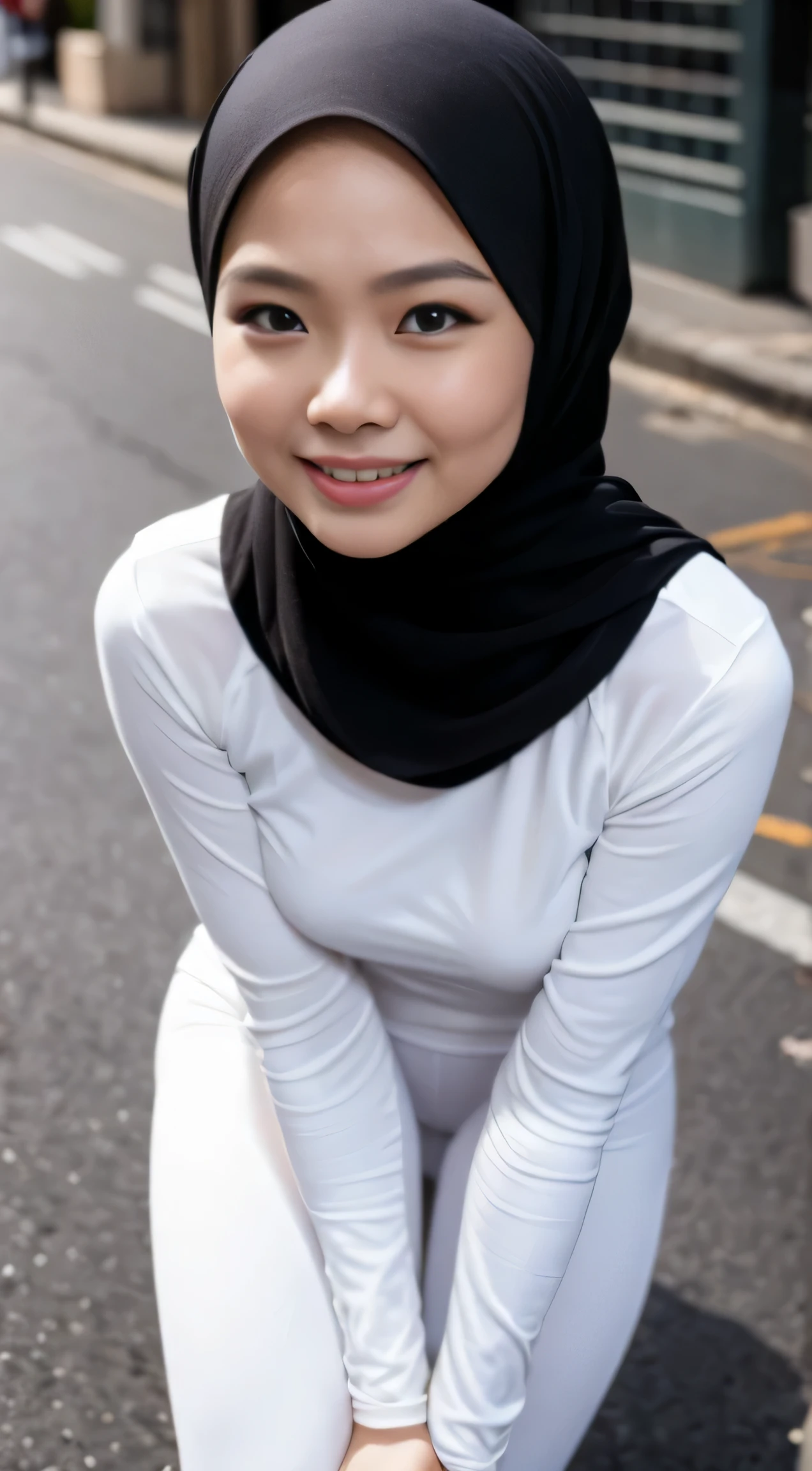 1 malay woman in hijab, (looking at viewer), ((tight white leggings)), (tight white sweatshirt), (Small buttocks), Smaller chest, laughing smile, (hijab flying), pale skin, small breasts, thin waist, china street style street, Hyper-Realism, Cinematic lighting, depth of fields, (high angle), vanishing point, F/2.8, Anatomically correct, Textured skin, Super Detail, award winning, Best Quality, high resolution, crouching looking up to the viewer, (close up from above), close up face, dynamic angle
