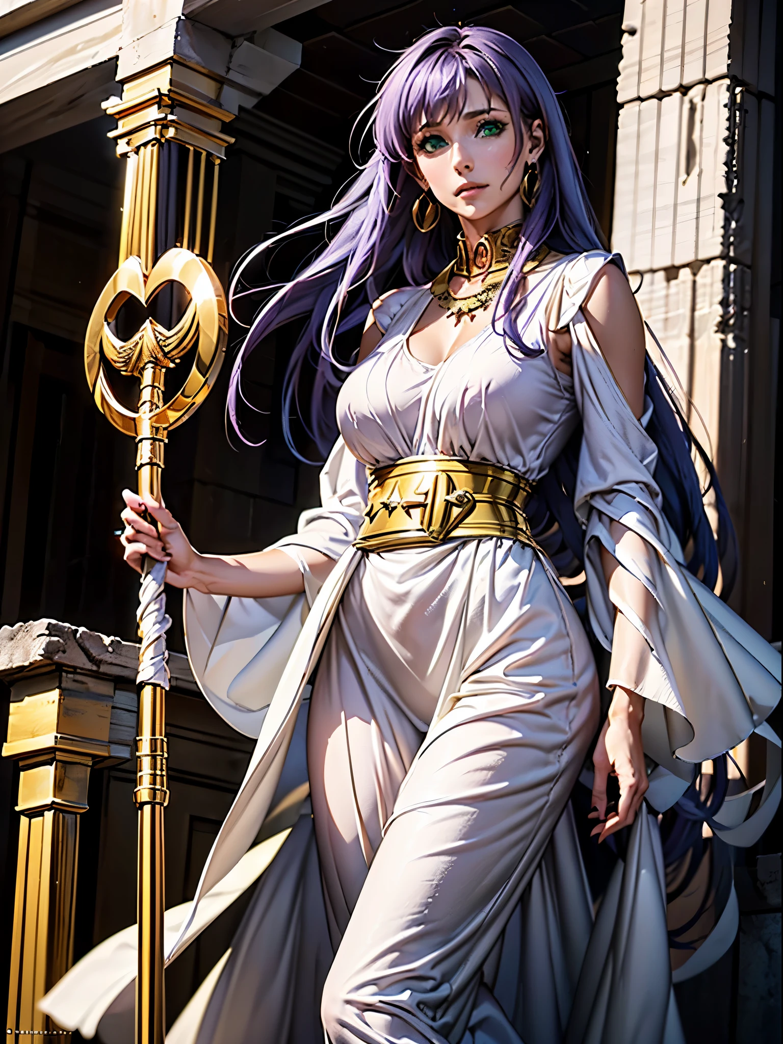 Masterpiece, best quality, 8k, ultra detailed, !(Sasha Atena levitating in the air and holding his staff  , beautiful woman goddess, long, straight purple hair, !(light green eyes), perfect body, big breast. Her clothing consists of: A white dress with golden details, which symbolizes her purity and divinity. The dress has a long, pleated skirt, which gives it an elegant and majestic look. The neckline is round and modest, and the sleeves are short and puffy. (The dress also has a golden belt with a flower-shaped buckle, which holds a red cloth hanging from behind). A golden necklace with a heart-shaped pendant, expressing her love for her warriors and her friends. A pair of golden star-shaped earrings, which reflect your light and your hope, great power and an aura  emerges from her body and waves her hair and her dress  vigorously, Behind it you can see a sanctuary with Greek ruins )