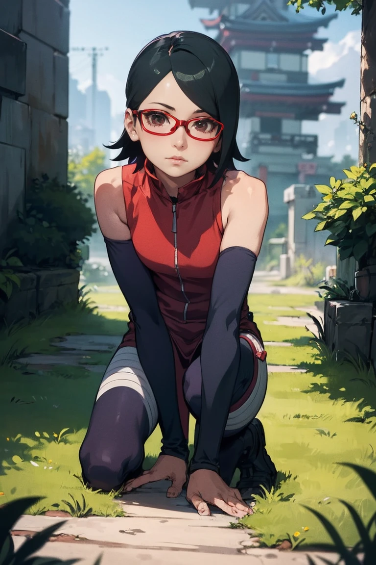 (Sarada Uchiha,short hair,black hair,glasses),full body picture Unreal Engine 5 8K UHD of beautiful girl, green Japanese style long hair, ((wearing futuristic black tight battle suit)), half face mask, (futuristic neck collar), grass green light details, best quality, masterpiece