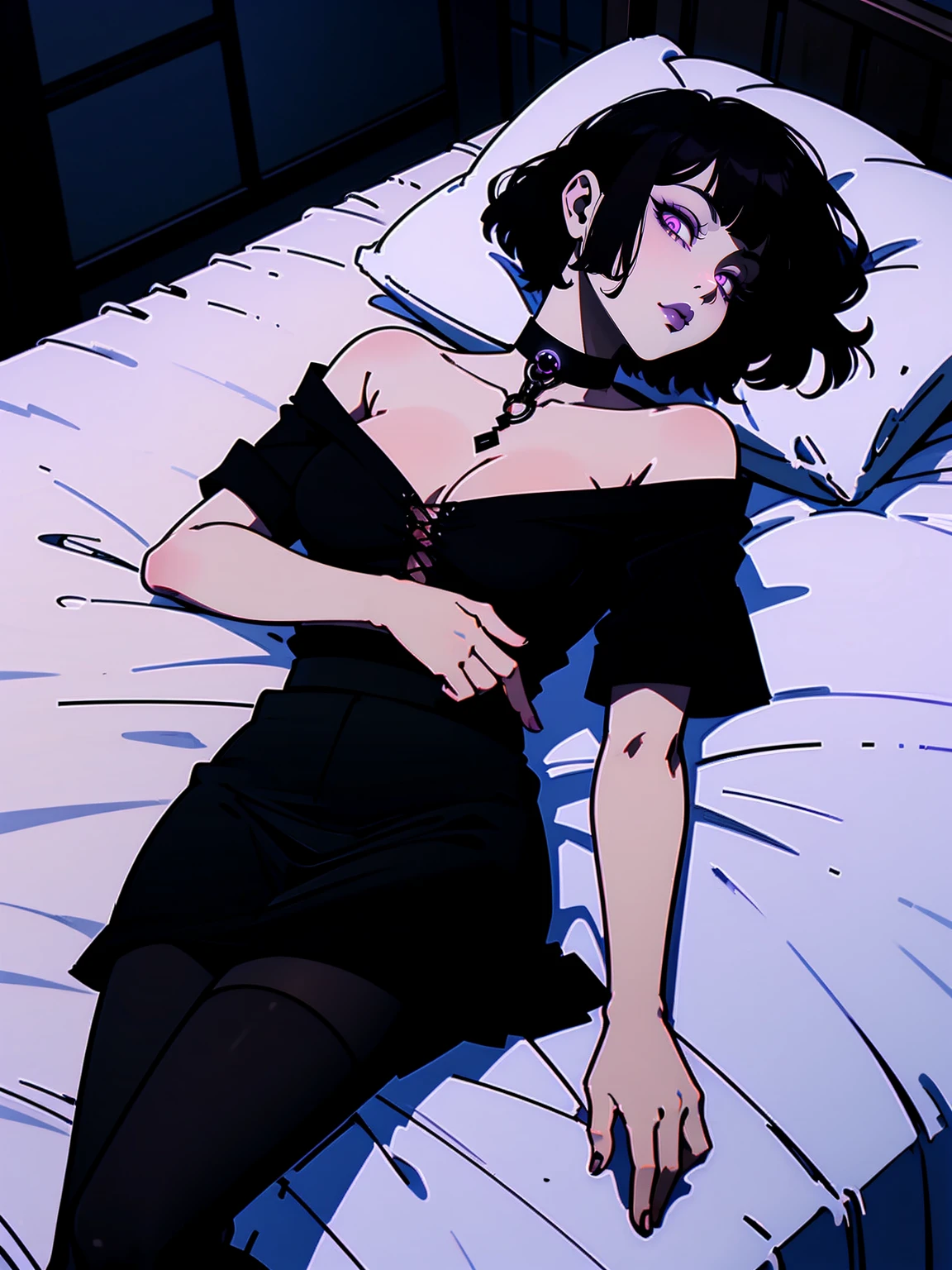 NSFW. neon palette, 1 girl, (masterpiece), short black hair, side swept bangs, dark purple eyes, oversized black shirt, black skirt, black pantyhose, black choker on neck. Lying on bed, on back.