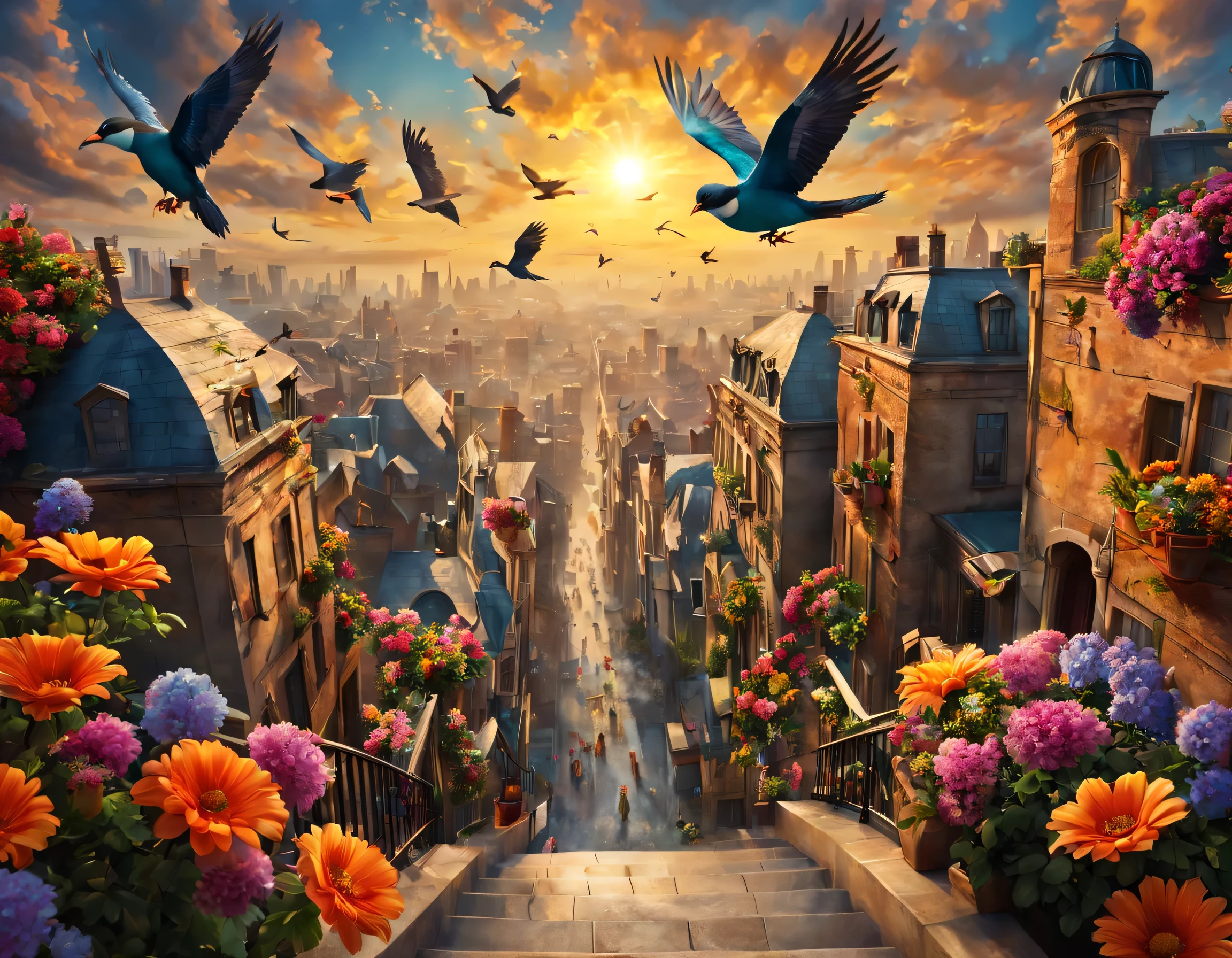 "Step into a world of artistic wonder with this hi-res image, cinematic and spectacular. A wide view shot showcases a cityscape like no other, with every building meticulously rendered in fine art style. The vibrant colors of the flowers and the graceful flight of birds add a touch of whimsy to the scene, while the beautiful sun and clouds provide a stunning backdrop."